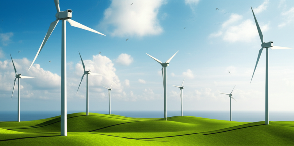 Wind turbines over hills